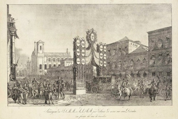 Cortejo de S.M.D.João VI sob arco triunfal no Rio de Janeiro, gravura de T.M. Hippolyte Taunay, 1817